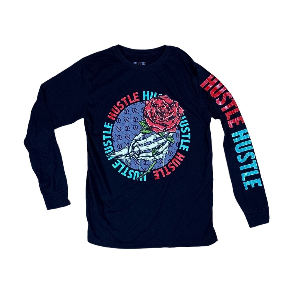 Hustle Graphic Long Sleeve Shirt Mens Medium Black Excellent Skeleton Rose Tee
